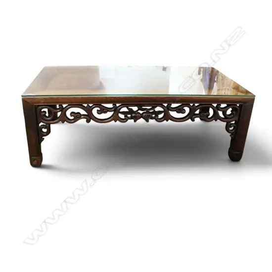 ORIENTAL HARD WOOD TABLE, GLASS TOP 800x450x275mm