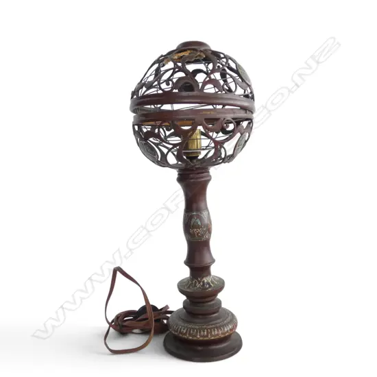 EARLY 20thC CHAMPLEVE TABLE LAMP w. pierced open work frame H.500mm