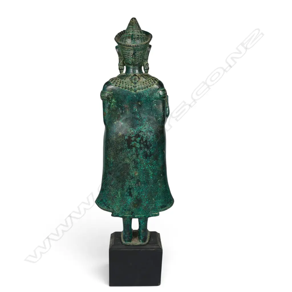 KHMER STYLE MONTED CAST BRONZE STANDING SAMABHANGA BUDDHA WITH AGED GREEN PATINA FINISH, H.580MM Image 1++