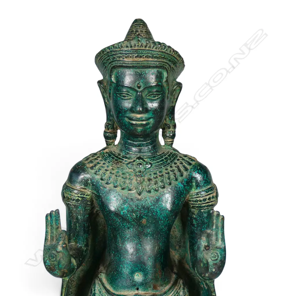 KHMER STYLE MONTED CAST BRONZE STANDING SAMABHANGA BUDDHA WITH AGED GREEN PATINA FINISH, H.580MM Image 1++