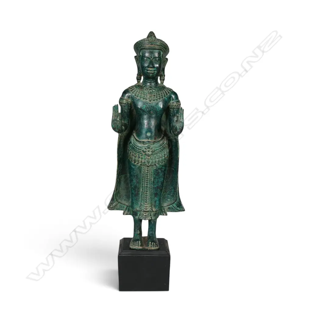 KHMER STYLE MONTED CAST BRONZE STANDING SAMABHANGA BUDDHA WITH AGED GREEN PATINA FINISH, H.580MM Image 1++