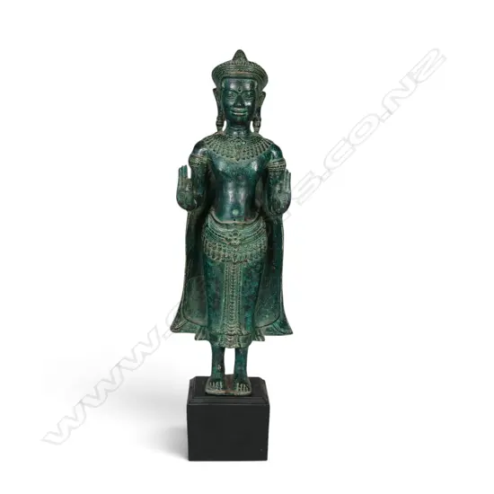 KHMER STYLE MONTED CAST BRONZE STANDING SAMABHANGA BUDDHA WITH AGED GREEN PATINA FINISH, H.580MM