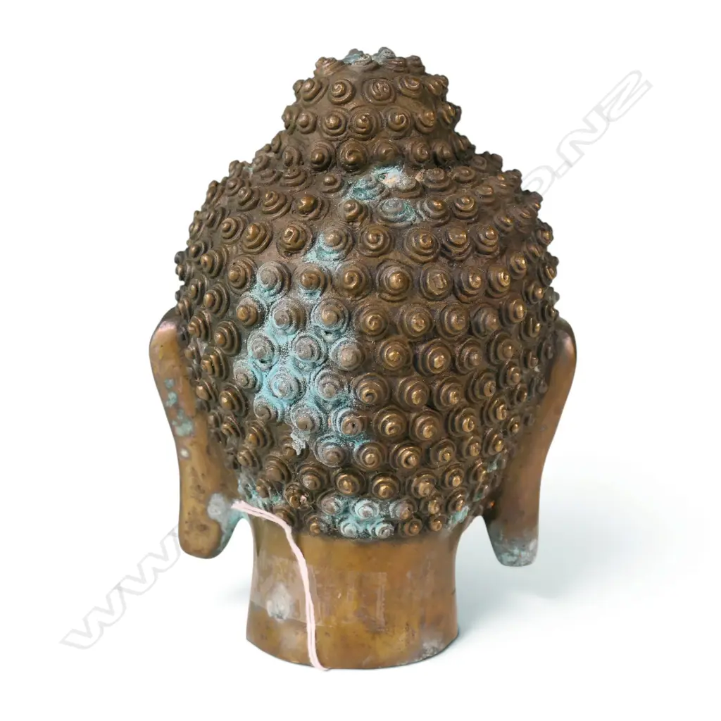 VINTAGE CHINESE BRASS HEAVY CONTEMPLATIVE BUDDHA HEAD WITH COPPER FINISH AND VERDIGRIS, STAMP TO BASE,200 X 70MM Image 1++