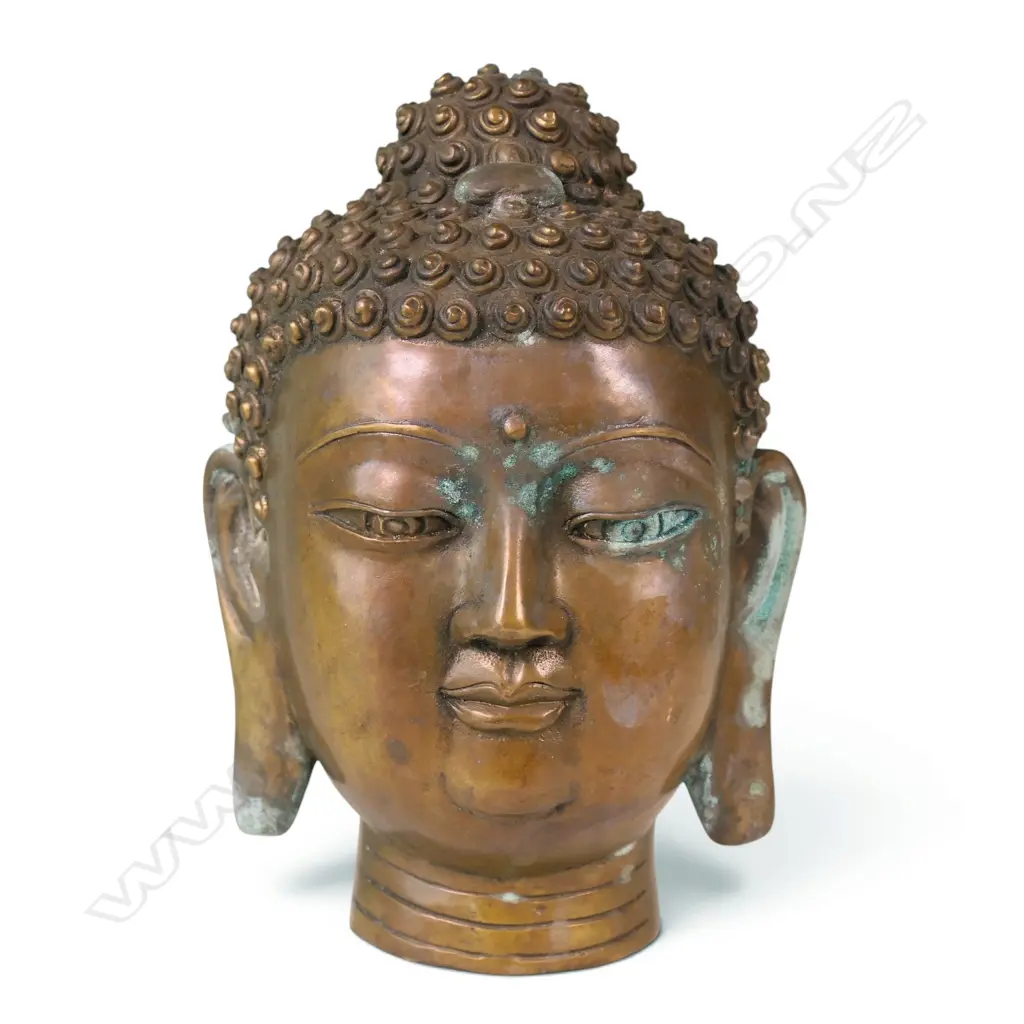 VINTAGE CHINESE BRASS HEAVY CONTEMPLATIVE BUDDHA HEAD WITH COPPER FINISH AND VERDIGRIS, STAMP TO BASE,200 X 70MM Image 1++