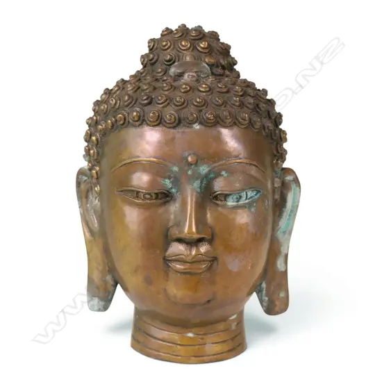 VINTAGE CHINESE BRASS HEAVY CONTEMPLATIVE BUDDHA HEAD WITH COPPER FINISH AND VERDIGRIS, STAMP TO BASE,200 X 70MM