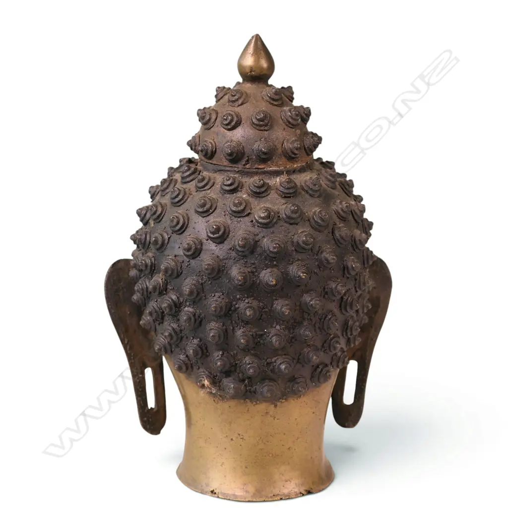 SINO- TIBETAN BRASS MEDITATIVE BUDDHA HEAD WITH PROMINENT RED GEMSTONE URNA, H.200 X 75MM Image 1++