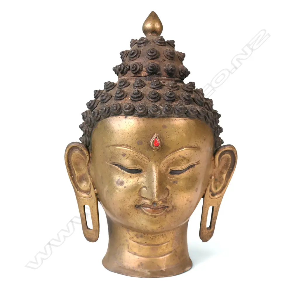 SINO- TIBETAN BRASS MEDITATIVE BUDDHA HEAD WITH PROMINENT RED GEMSTONE URNA, H.200 X 75MM Image 1++