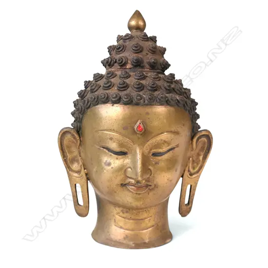 SINO- TIBETAN BRASS MEDITATIVE BUDDHA HEAD WITH PROMINENT RED GEMSTONE URNA, H.200 X 75MM