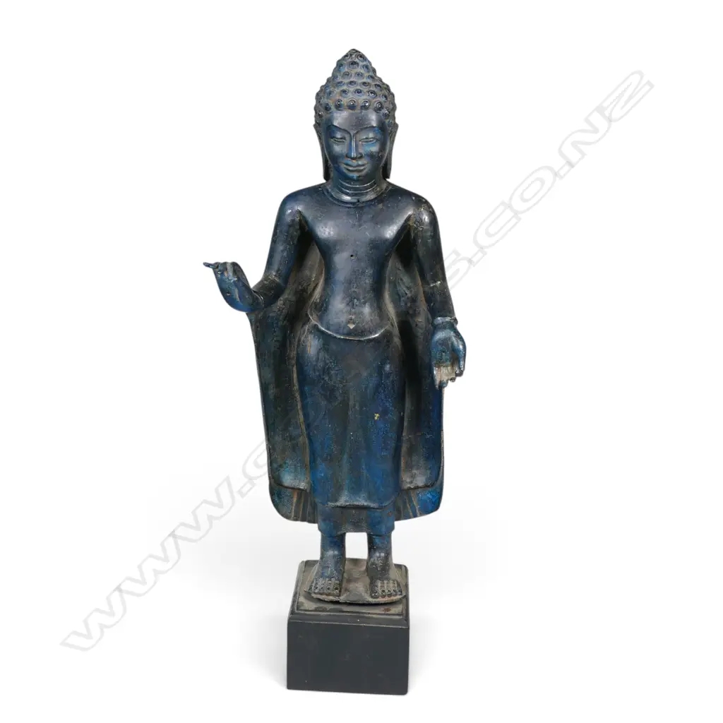 THAI CAST BRONZED STANDING BUDDHA ON A BASE WITH BLU/GRAY PATINA, H.570MM Image 1++