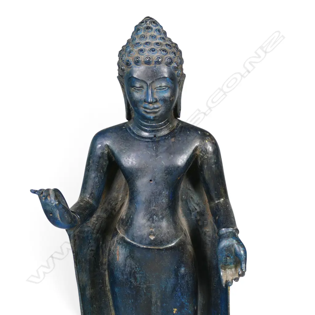 THAI CAST BRONZED STANDING BUDDHA ON A BASE WITH BLU/GRAY PATINA, H.570MM Image 1++