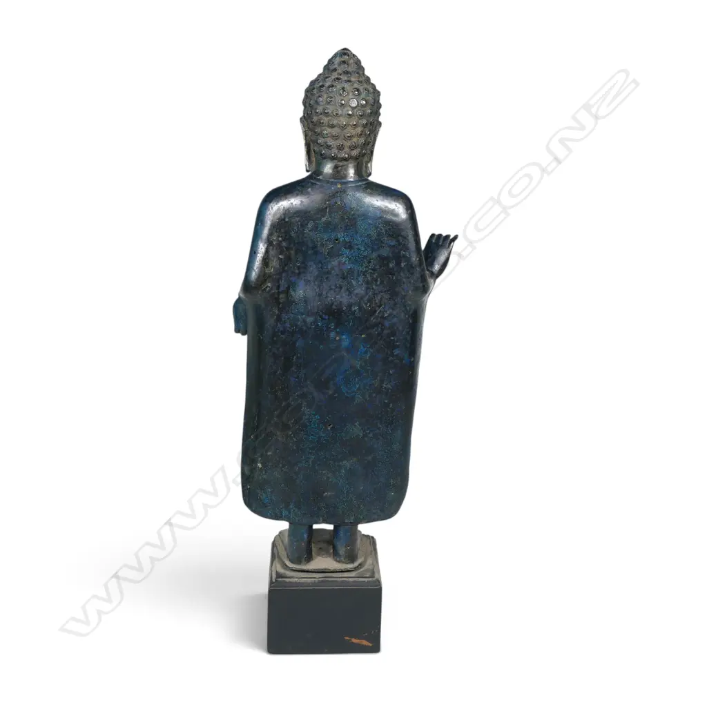 THAI CAST BRONZED STANDING BUDDHA ON A BASE WITH BLU/GRAY PATINA, H.570MM Image 1++