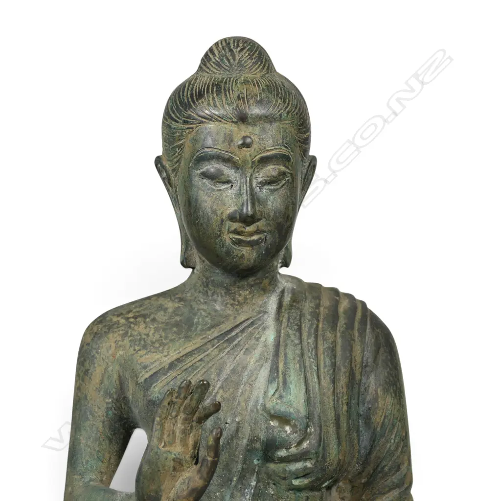 GANDHARA STYLE CAST BRONZE SEATED BUDDHA ON A DOUBLE LOTUS PEDESTAL,H.380MM Image 1++