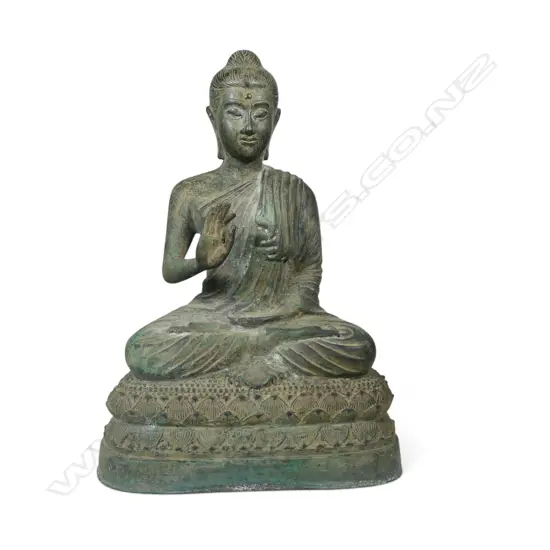 GANDHARA STYLE CAST BRONZE SEATED BUDDHA ON A DOUBLE LOTUS PEDESTAL,H.380MM