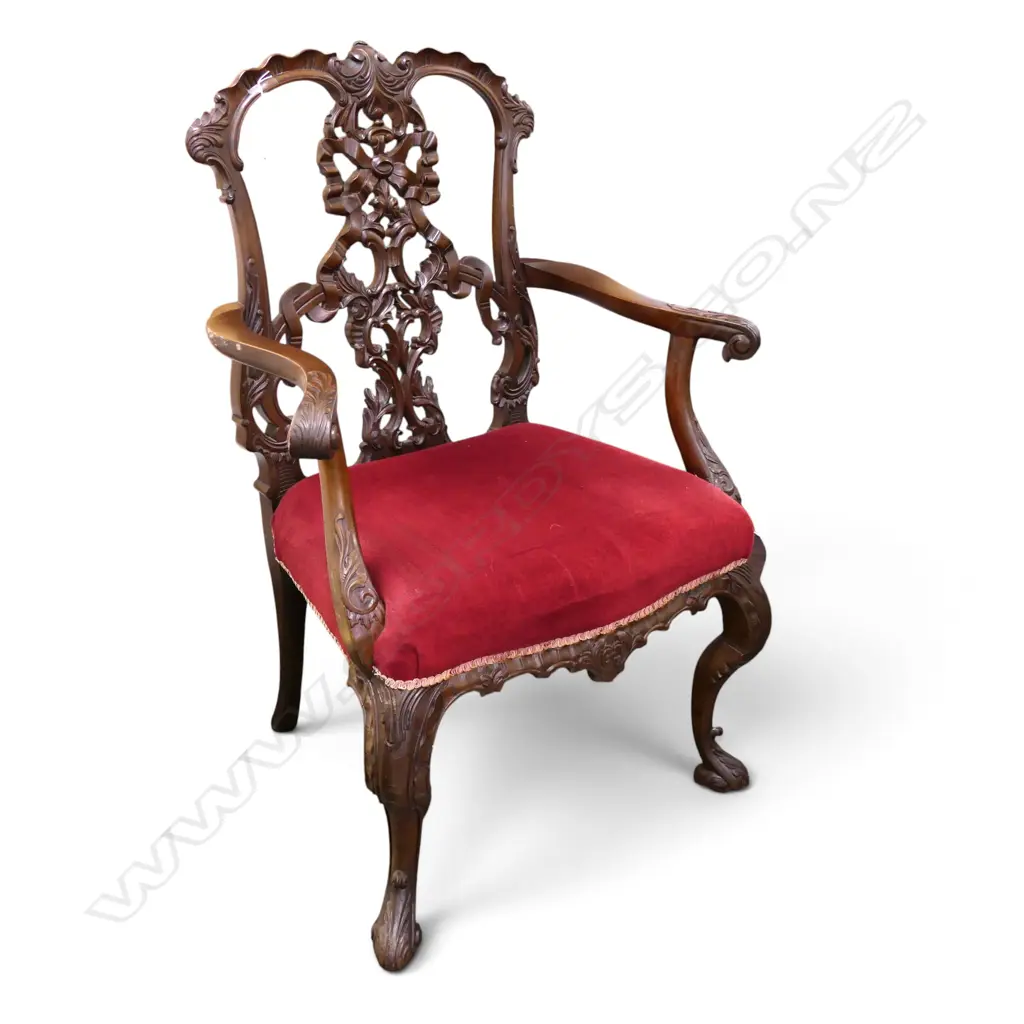 ORNATELY CARVED MAHOGANY CHIPPENDALE STYLE OPEN ELBOW CHAIR RED VELVET SEAT Image 1++