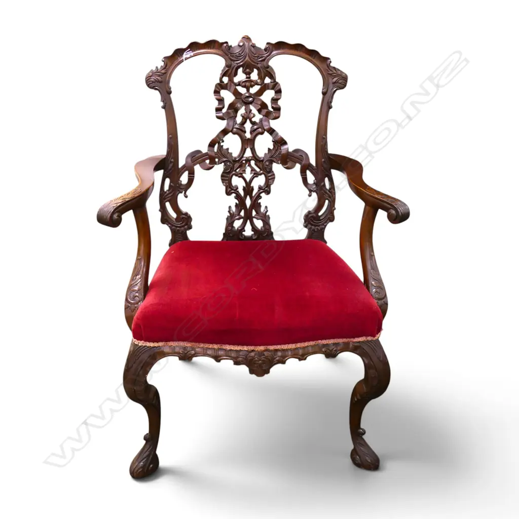 ORNATELY CARVED MAHOGANY CHIPPENDALE STYLE OPEN ELBOW CHAIR RED VELVET SEAT Image 1++