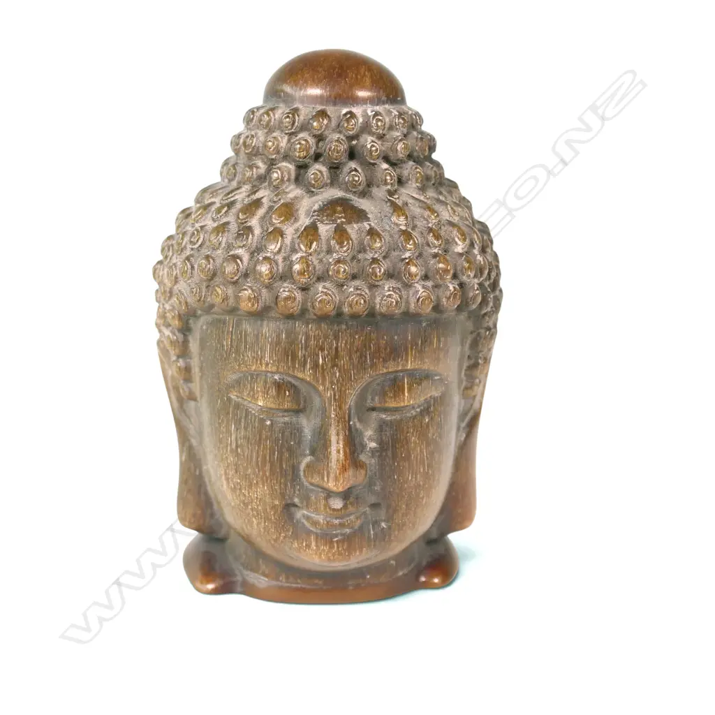 CHINESE POLYRESIN BUDDHA HEAD WITH STAMP AT THE BASE, H.130 X 70MM Image 1++