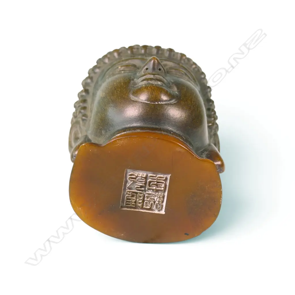 CHINESE POLYRESIN BUDDHA HEAD WITH STAMP AT THE BASE, H.130 X 70MM Image 1++