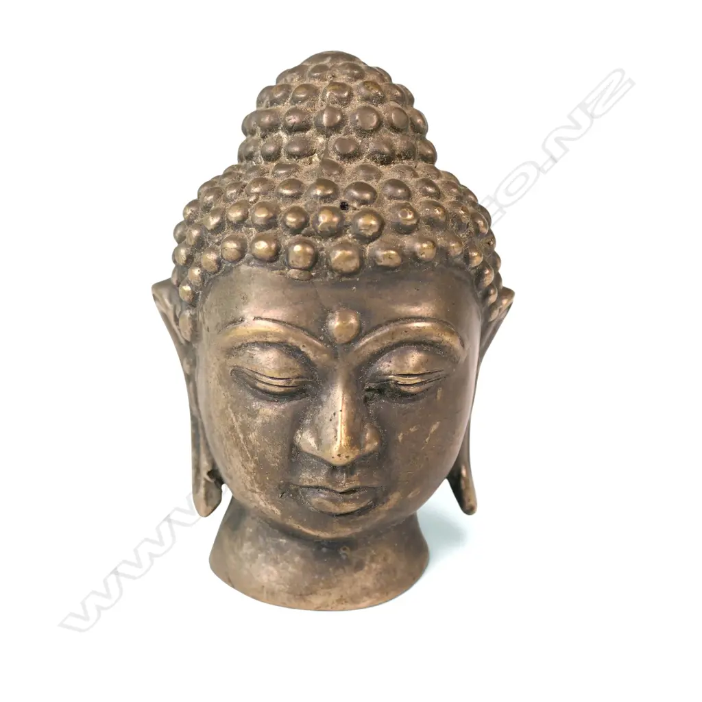 VINTAGE CAST BRASS BUDDHA HEAD WITH MEDITATIVE FACIAL EXPRESSION, 100 X 40MM Image 1++