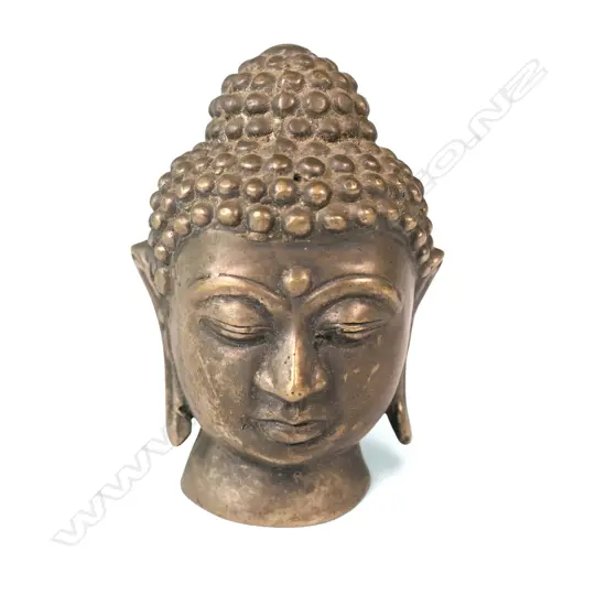 VINTAGE CAST BRASS BUDDHA HEAD WITH MEDITATIVE FACIAL EXPRESSION, 100 X 40MM