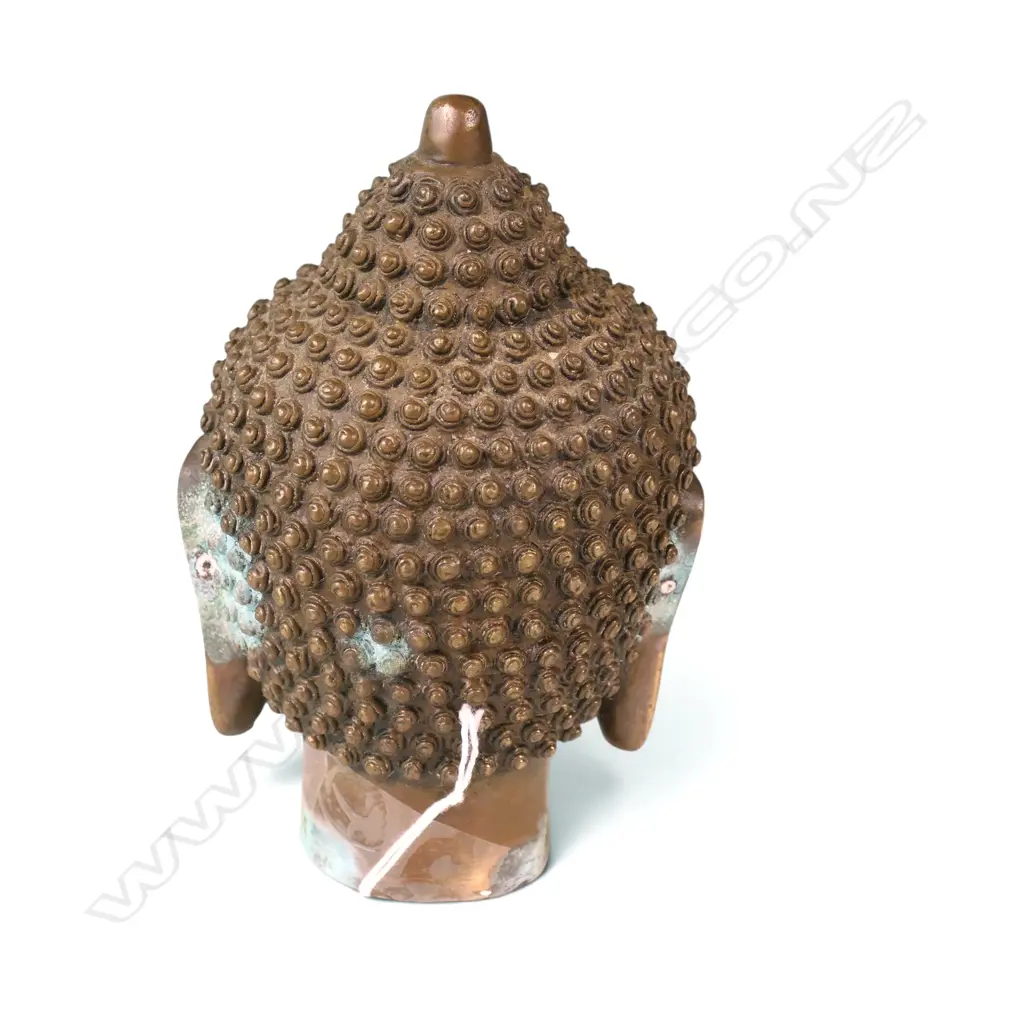 VINTAGE CHINESE BRASS HEAVY CONTEMPLATIVE BUDDHA HEAD WITH COPPER FINISH AND VERDIGRIS, STAMP TO BASE,150 X 50MM Image 1++