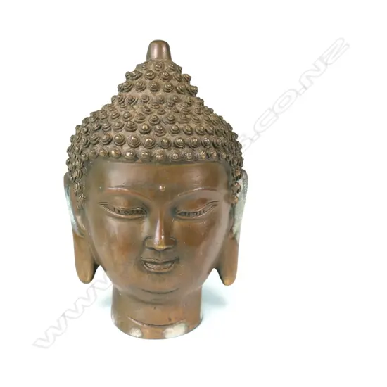VINTAGE CHINESE BRASS HEAVY CONTEMPLATIVE BUDDHA HEAD WITH COPPER FINISH AND VERDIGRIS, STAMP TO BASE,150 X 50MM