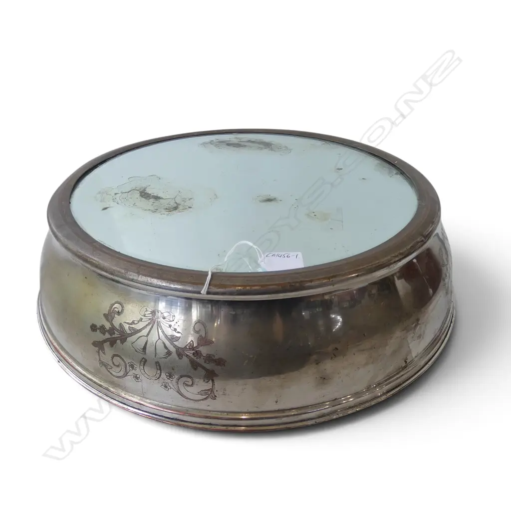 EARLY 20thC LARGE SILVER PLATE WEDDING CAKE STAND engraved leafy & floral scrolls with bells & horseshoe. Mirror faults Image 1++