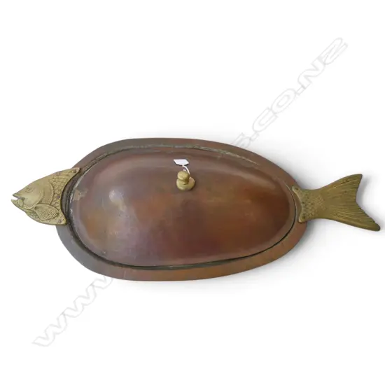 LARGE BRASS & COPPER LIDDED FISH SERVING DISH L710MM