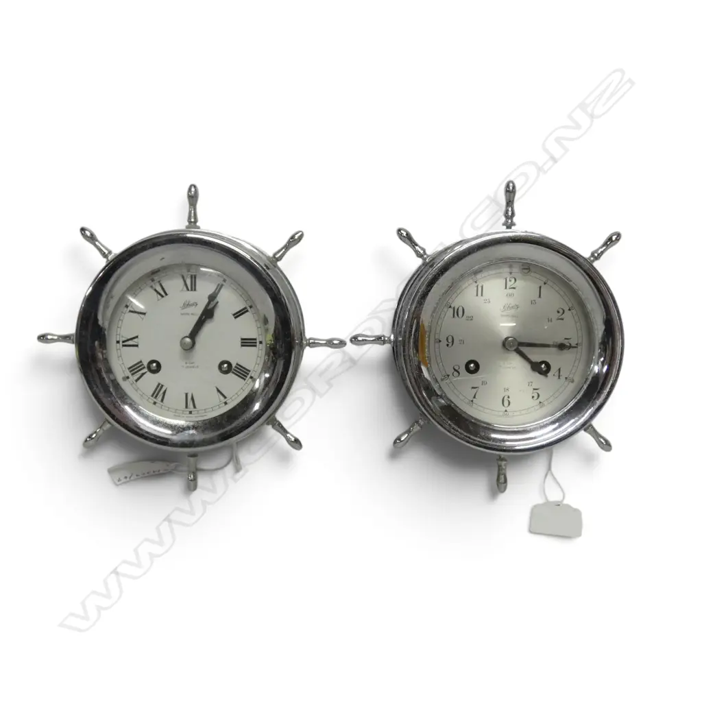 TWO VINTAGE GERMAN 'SCHATZ' SHIPS BELL CLOCKS, 8 DAYS, CHROME CASED, NO KEY, SOME SCRATCHES, ONE SPOKE ABSENT, Dia.112mm Image 1++