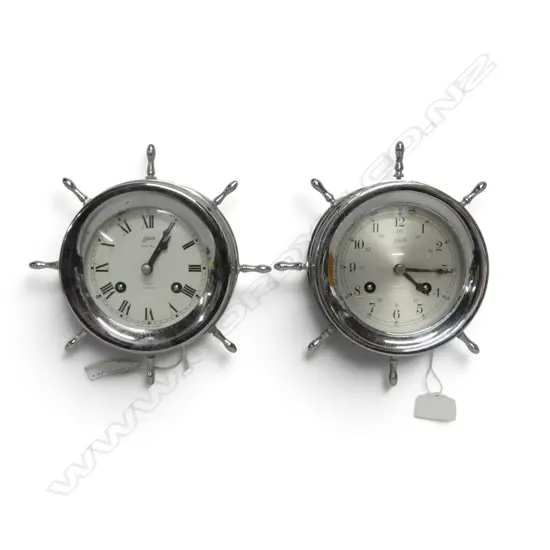 TWO VINTAGE GERMAN 'SCHATZ' SHIPS BELL CLOCKS, 8 DAYS, CHROME CASED, NO KEY, SOME SCRATCHES, ONE SPOKE ABSENT, Dia.112mm