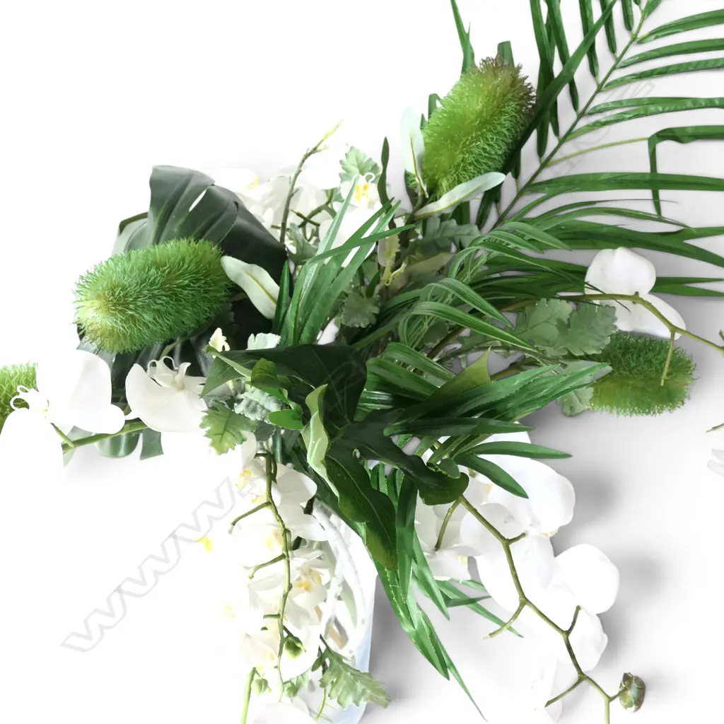FAUX FOLIAGE WITH ORCHIDS IN GLASS VASE, H.700MM Image 1++