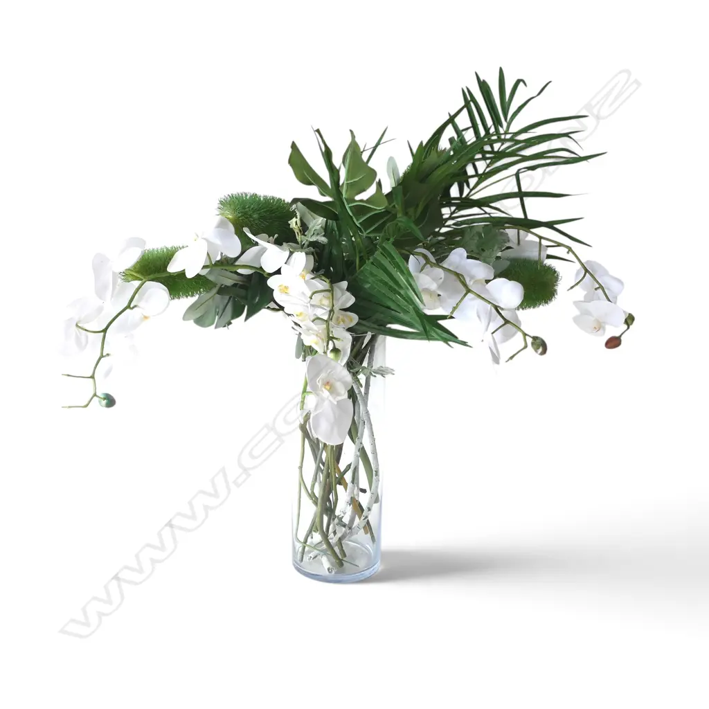 FAUX FOLIAGE WITH ORCHIDS IN GLASS VASE, H.700MM Image 1++