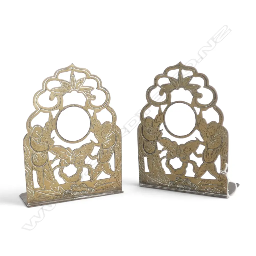 PAIR VINTAGE CHINESE ENGRAVED BRASS BOOKENDS, H.160mm L.125mm Image 1++