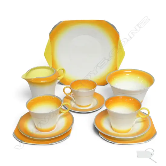 2 SHELLEY CHINA CSPS C/SUGAR CAKE PLATE & COFFEE CAN ORANGE DECO PAT