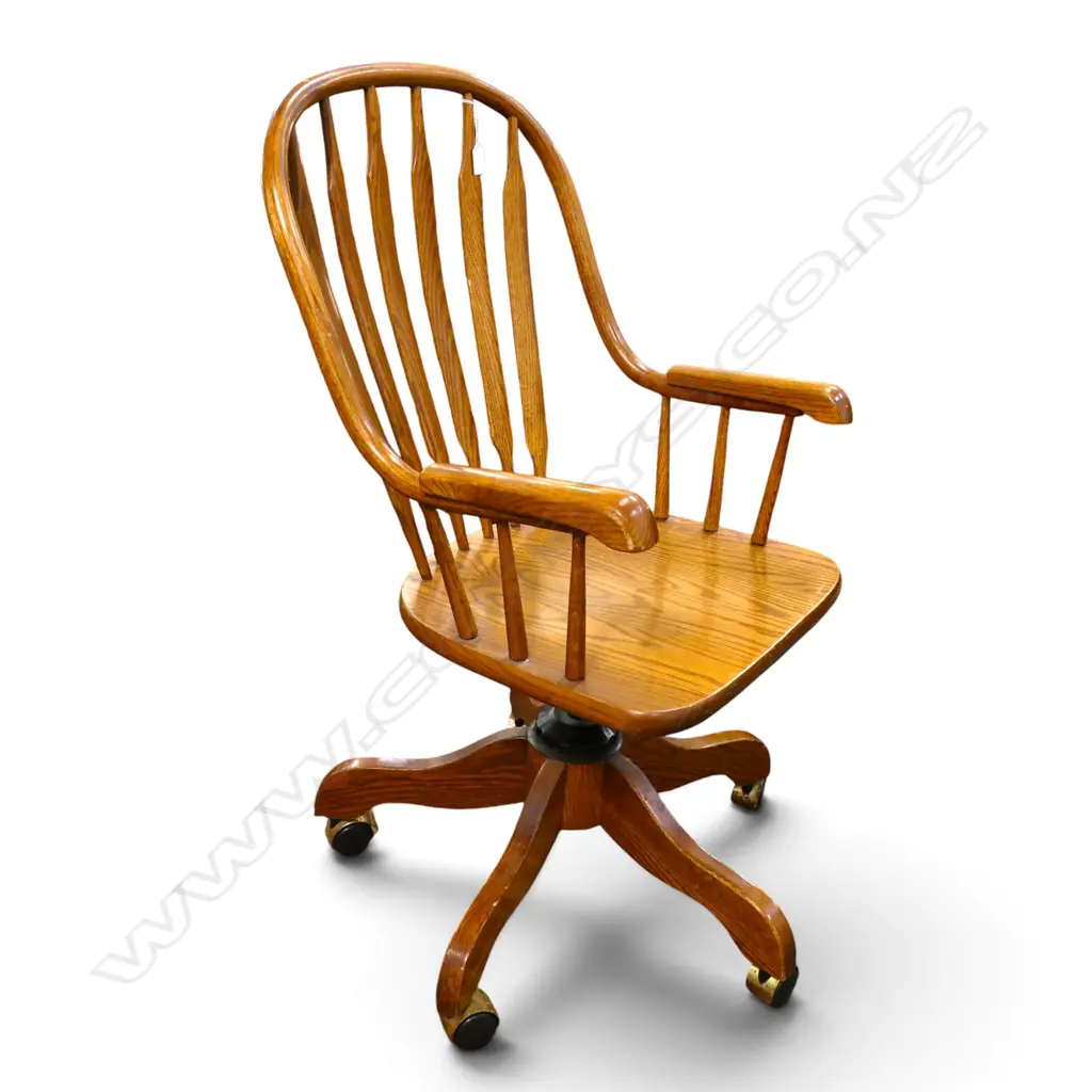 ANTIQUE STYLE OAK HIGH BAR BACK SWIVEL OFFICE CHAIR on castors Image 1++