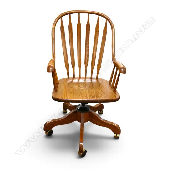ANTIQUE STYLE OAK HIGH BAR BACK SWIVEL OFFICE CHAIR on castors