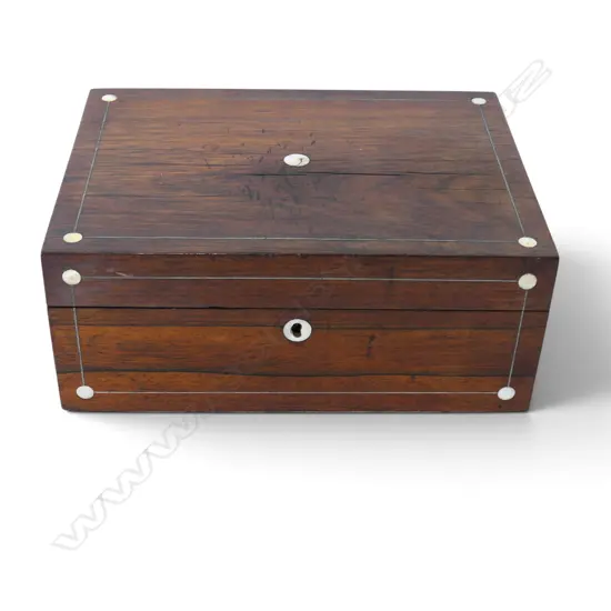 MAHOGANY BOX WITH MOTHER OF PEARL INLAY - 100 X 270MM (NO KEY)