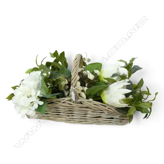 WOVEN CANE BASKET of ARTIFICIAL FLOWERS, L.450mm, H.280mm