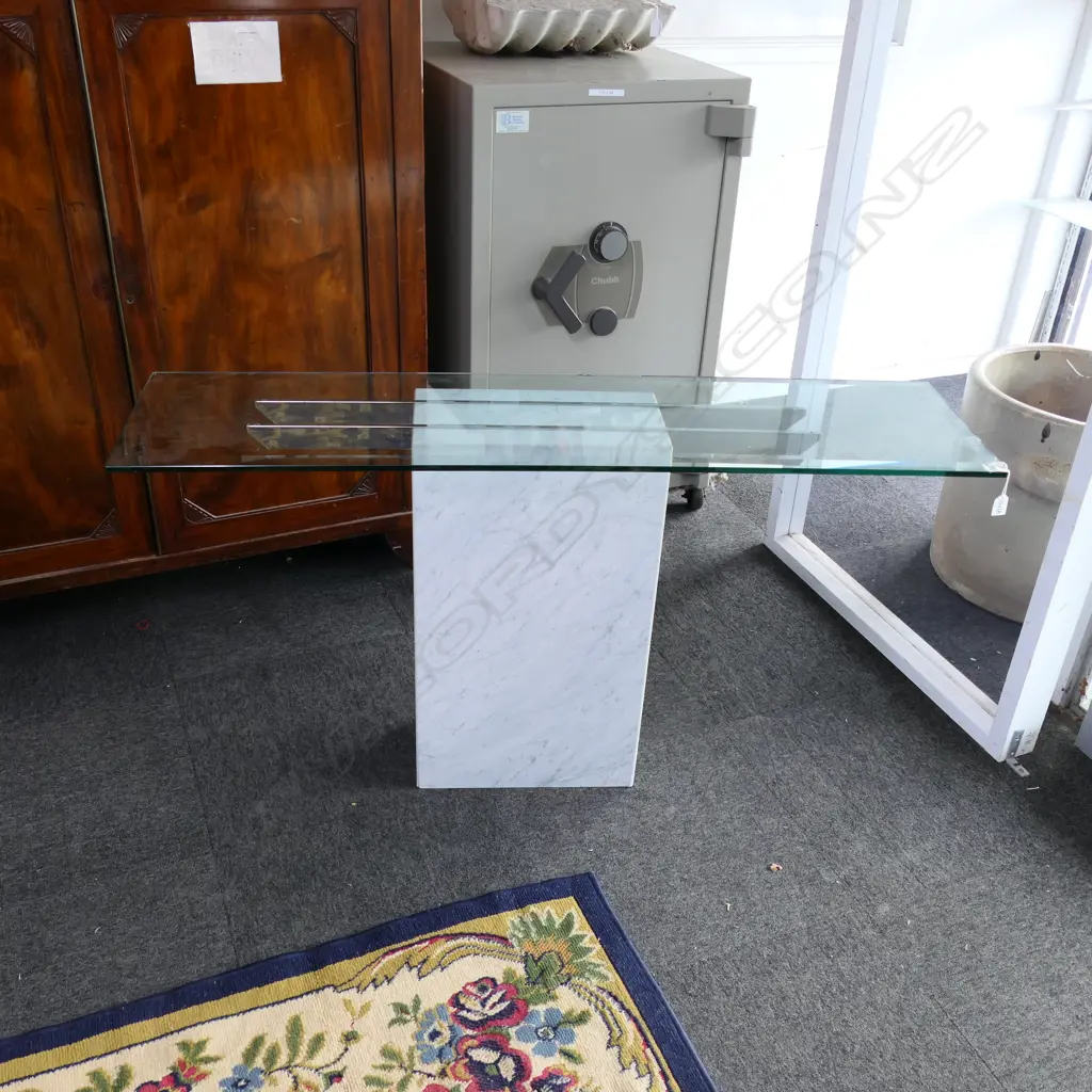 MODERN CONSOLE TABLE, MARBLE BASE, GLASS TOP (CHIP) 1350x350x710mm Image 1++