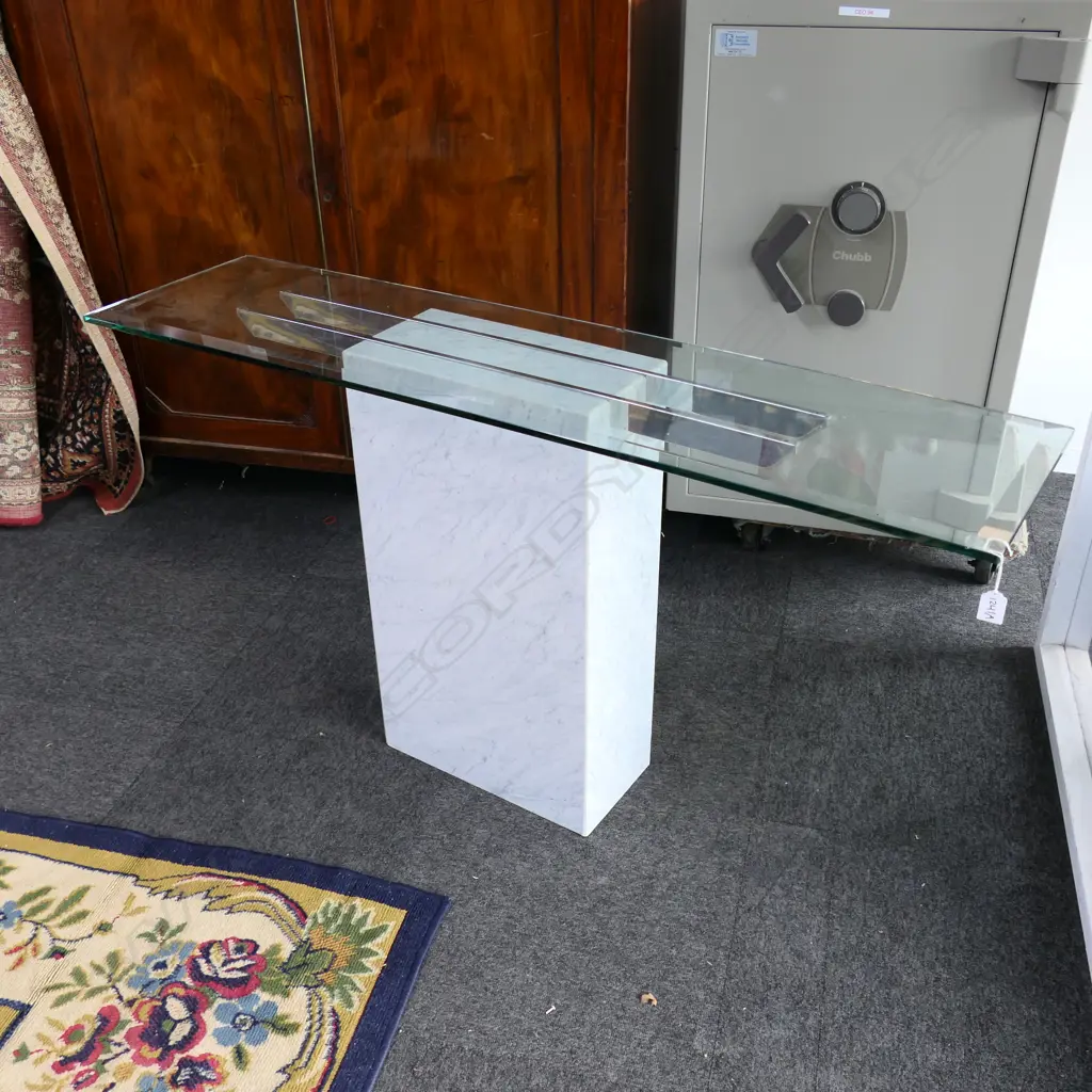 MODERN CONSOLE TABLE, MARBLE BASE, GLASS TOP (CHIP) 1350x350x710mm Image 1++