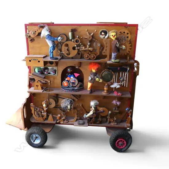 UNIQUE VINTAGE CRAFTSMAN MADE THEATRICAL CIRCUS 'ONE MAN BAND' TROLLEY CONSTRUCTION L.1500mm APPROX.