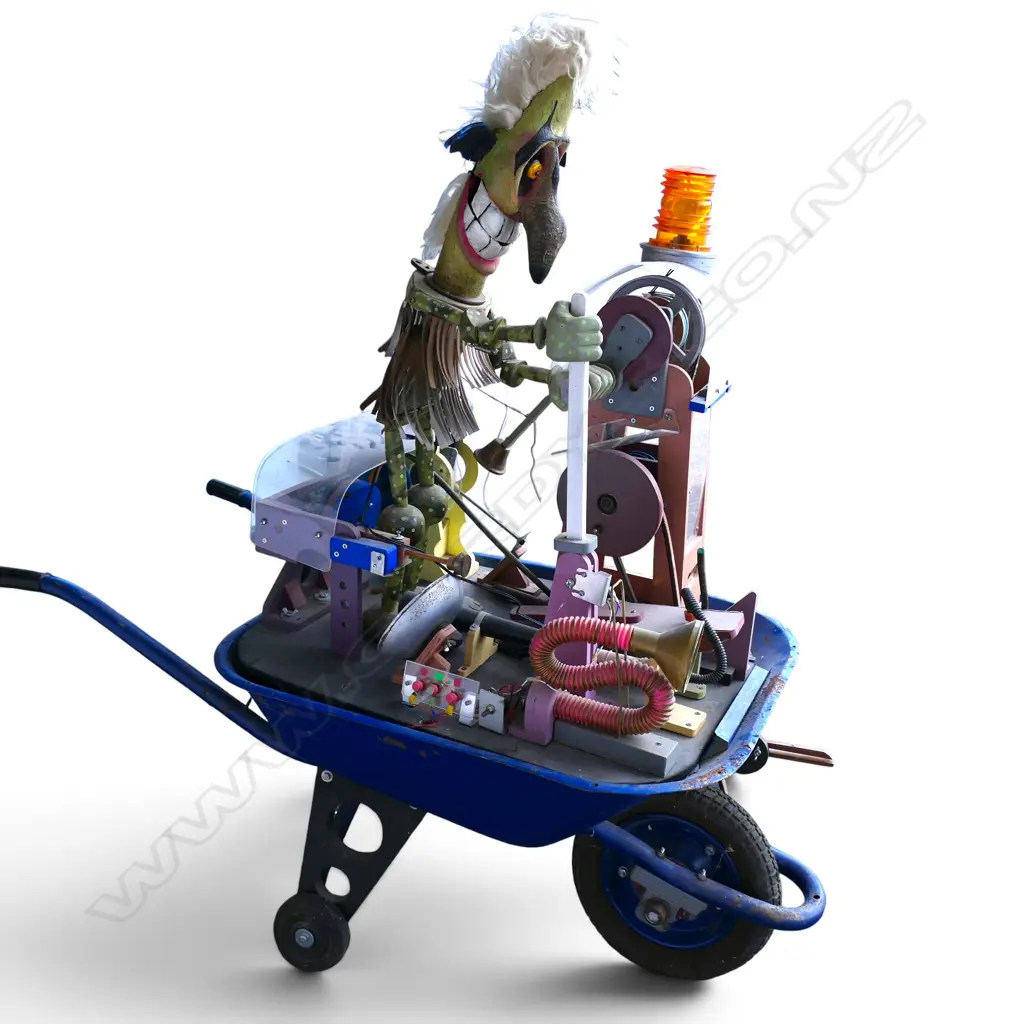 UNIQUE VINTAGE CRAFTSMAN MADE THEATRICAL CIRCUS 'ONE MAN BAND' WHEEL BARROW CONSTRUCTION L.1260mm Image 1++