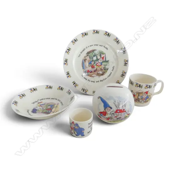 5PCS VINTAGE ROYAL STAFFORD 'NODDY COLLECTION' CHILDREN'S SET, PLATE, MUG, BOWL, MONEY BOX, EGGCUP, Dia.205mm