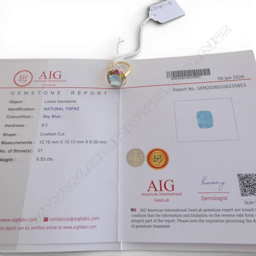 BLUE TOPAZ & SILVER GILT DRESS RING, 6.5ct, AIG CERT SIZE Q Image 1++