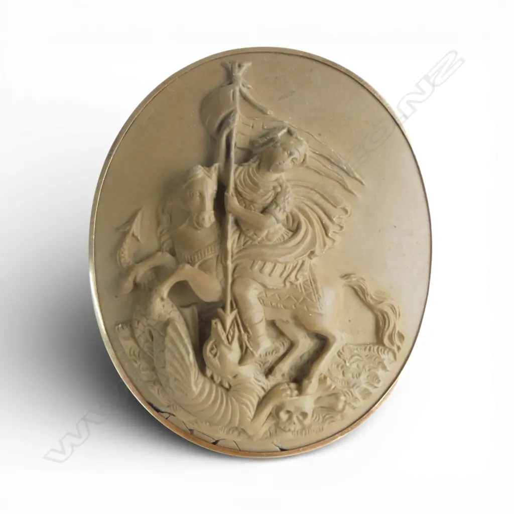 LGE ANTIQUE CARVED LAVA ST. GEORGE & THE DRAGON BROOCH IN substantial 9ct GOLD FRAME 36gms  Image 1++