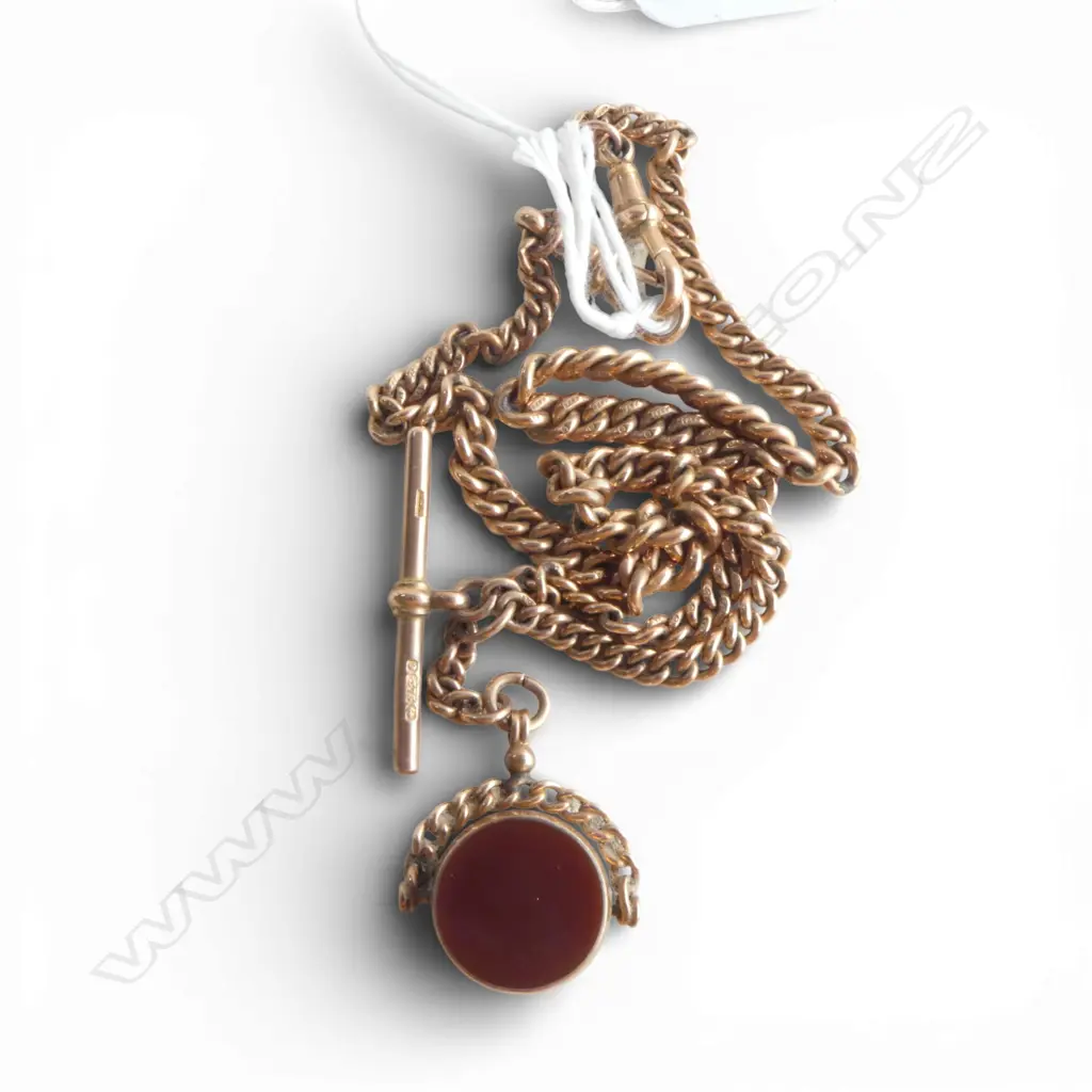 c1900 9ct GOLD dble graduated curb link FOB CHAIN + T-BAR & FOB SPINNER. 27.3gms total  (includes 9ctspinner about 4gms) Image 1++