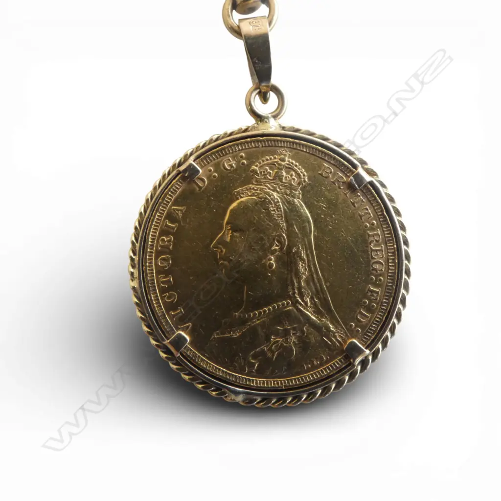 1891 FULL SOVEREIGN ON 9ct MOUNT, CHAIN & T-BAR 40.97gms (48cm long) Image 1++