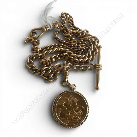 1891 FULL SOVEREIGN ON 9ct MOUNT, CHAIN & T-BAR 40.97gms (48cm long)