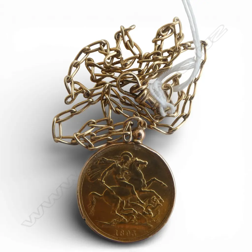 Uncommon 22ct GOLD1893 DOUBLE SOVEREIGN (double the size)  in 9ct GOLD MOUNT on 9ct GOLD CHAIN. 26.43gms total 36cm long Image 1++