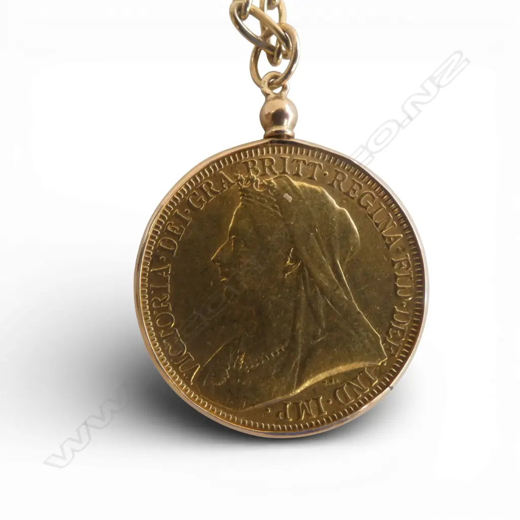 Uncommon 22ct GOLD1893 DOUBLE SOVEREIGN (double the size)  in 9ct GOLD MOUNT on 9ct GOLD CHAIN. 26.43gms total 36cm long Image 1++