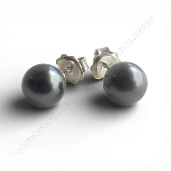 PR SILVER & BLK TAHITIAN PEARL STUD EARRINGS